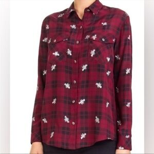 NEW Nanette Lepore Burgandy Black Plaid Embroidered Bee Button Up Shirt Medium